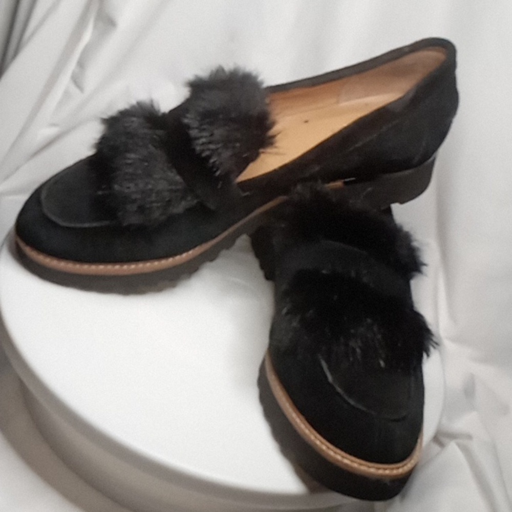 Franco Sarto Cyrus black suede chunky sole loafers